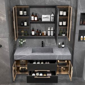 Ensemble de meuble de salle de bain pour évier sans couture en pierre intelligente avec unité de vanité Lavabo et lavabo multifonctionnels pour toilettes minimalistes - Product Image 4