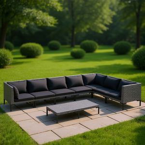 Ensemble de salon de jardin en rotin gris foncé avec coussins noirs, 10+ places, mobilier d'extérieur, design contemporain - Product Image 2