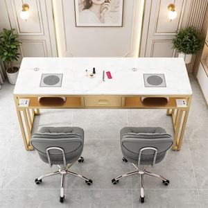 Table de manucure moderne en marbre, bureau de salon de beauté avec cadre métallique et aspirateur intégré - Product Image 3
