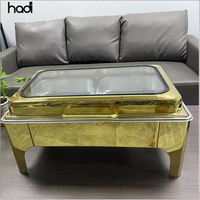 Plat de service rectangulaire de luxe de Dubaï en acier inoxydable de 9 litres, ensemble de buffet électrique avec couvercle en verre, finition dorée