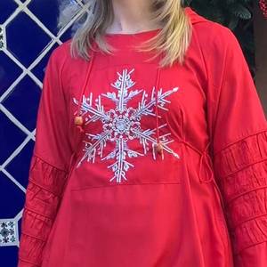 Red <b>Tunic</b> Cotton Dress With Snowflake Embroidery Round Neck Flared Sleeves Relaxed Fit And Decorative Ruffle Details For Women - Product Image 1