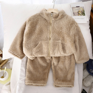 Atacado Outono Inverno 2025 Sólido Casual Plus Veludo Grosso Quente Respirável Zipper Meninos Meninas Crianças Pijama Jacket Sweatpants Set - Product Image 3