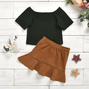 Hao Baby Boutique Girls Suit Children Cotton Knitted Short Sleeve Suit Kid Blouse Velvet Skirt Clothing Set