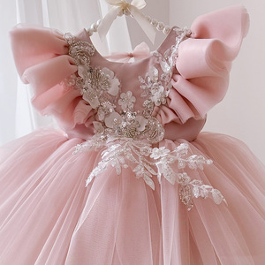 Robe de fête formelle rose respirante et douce pour la peau avec nœud à volants pour filles, idéale pour anniversaire, <span class=keywords><strong>mariage</strong></span> et occasions spéciales - Product Image 1
