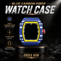Montre Homme Haut de Gamme en Fibre de Carbone Tonneau, Bracelet Élastique Bleu, 6702, Squelette Intégré, Mouvement Automatique Mécanique, Montre Sport Décontractée