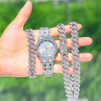 Coffret Cadeau Montre Homme Iced Out avec Bracelet et Collier Hip Hop, Chaîne Miami Cuban Link pour Homme, Bijoux