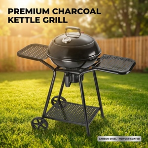 Wholesale Outdoor <b>Trolley</b> Charcoal Kettle Grill with Dual Side Shelves & Wheels Porcelain Enamel <b>BBQ</b> Grill for Backyard Camping - Product Image 1