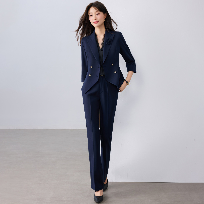 Navy blue suit trousers with floral pattern