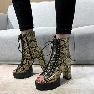 High Chunky Heel Lace up Women Ankle <b>Boots</b> Med <b>Platform</b> Women Shoes Breathable Snakeskin Print Side Zip Peep Toe Short Booties - Product Image 3
