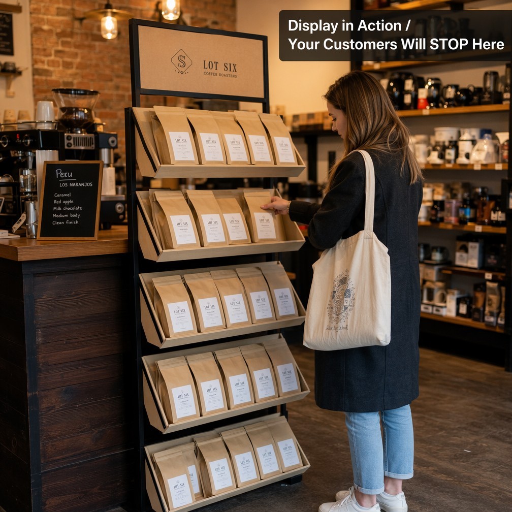 5-Tier Wooden Floor Display Rack Custom Branding Tilted Shelves for Coffee Shop Bakery Retail Merchandising — view 2