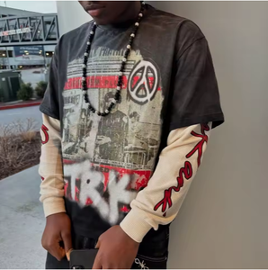 T-shirt a manica lunga a doppio strato con stampa Vintage a manica lunga, personalizzata in velluto a coste, - Product Image 2