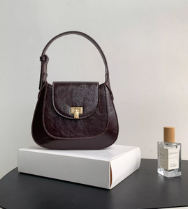 New trendy shoulder bag, retro <b>gold</b> lock PU leather shell, women's saddle bag - Product Image 5