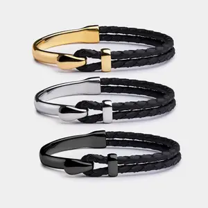 Unique Design Stainless Steel Custom Logo Black Braided Genuine Leather Bracelet for Men