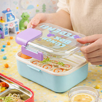 Boîte à bento carrée en plastique GREENSIDE, mignonne, pour le travail, à deux niveaux, avec trois compartiments, design divisé, compatible micro-ondes, avec couvercle et couverts