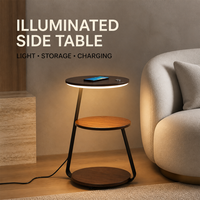 Lampe de sol moderne intelligente sans fil avec chargeur LED, 3 niveaux de rangement, en bois grainé et métal, pour salon, chambre, canapé, chevet