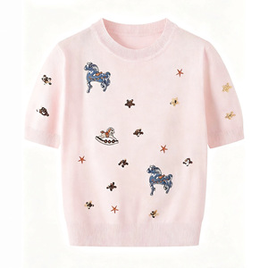 Dalang Sweater Factory <b>Women's</b> Embroidered Knitted Short Sleeve <b>Top</b> Crew Neck <b>Sequin</b> Pony Design Loose Fit Soft Knitwear - Product Image 3