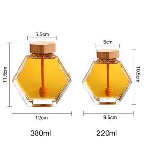 220ml 편평한 육각형은 나무로 되는 꿀 국자 덮개 뚜껑을 가진 350g 꿀 유리 단지를 밀봉했습니다