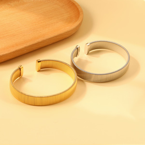 Stainless Steel Elastic Open <b>Bangle</b> For Women Geometric Line Design Fashion Jewelry <b>Bracelet</b> Gold <b>Silver</b> Color - Product Image 1
