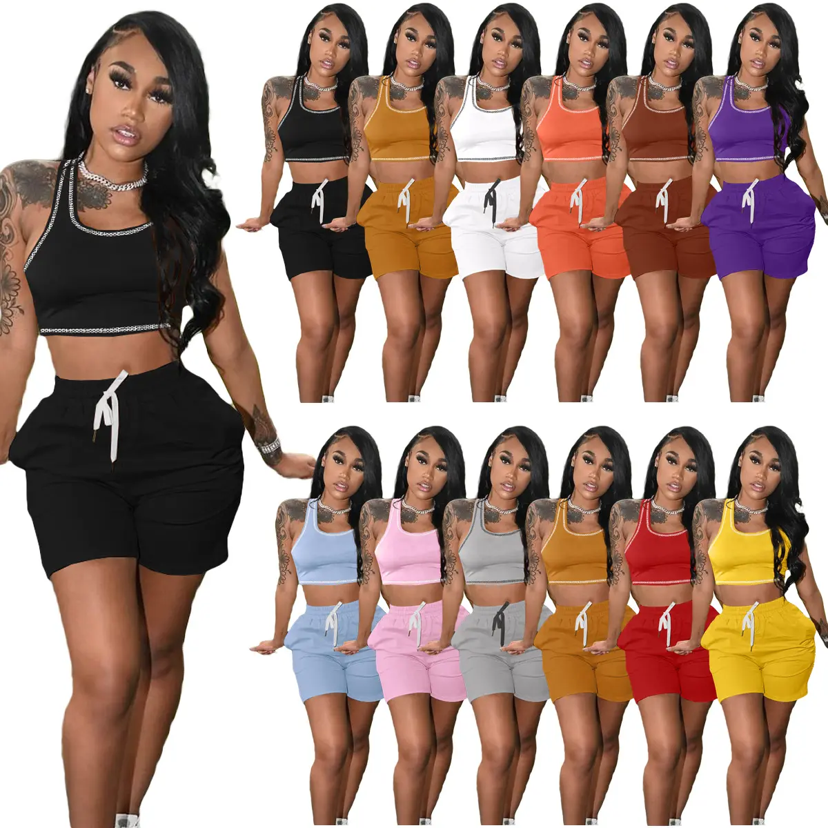 Knitted 2 Piece Club Outfits Summer Clothes Sexy Party Matching Set Sleeveless Bandage Crop Top Bodycon Shorts For Women