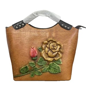 Sac fourre-tout grande capacité pour femme en cuir de vachette véritable première couche, fermeture éclair, style vintage rétro, doublure polyester - Product Image 5