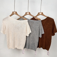 Pull tricoté pour femme, coupe ample, léger, décontracté, d'été, style Y2K, à épaules dénudées, col asymétrique, manches courtes, top asymétrique tombant