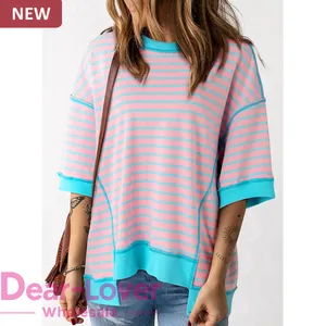 Dear-Lover Wholesale Fashion New Colorblock Stripe Contrast Trim Exposed Seam High Low Women Oversized T-Shirt