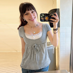 Camiseta de Mujer Gris con Encaje, Cuello Cuadrado, Cintura Ajustable, Estilo Babydoll, Casual, Holgada, Manga Corta, Novedad Verano 2026 - Product Image 3