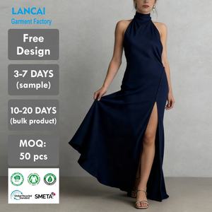 Fabricantes de Ropa, Vestido Largo Halter de Satén con Espalda Descubierta y Cuello Alto para Mujer, Etiqueta Privada Personalizada, Sexy y Elegante - Product Image 1