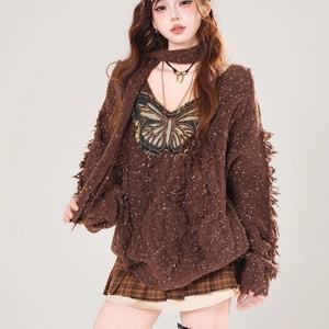 <span class=keywords><strong>American</strong></span> <span class=keywords><strong>Vintage</strong></span> Butterfly Patchwork V-neck <span class=keywords><strong>Long</strong></span> Sleeve Sweaters with Scarf Y2k Punk Tassel Spicy Girl Pullovers - Product Image 5