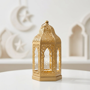 Manufacturers Exclusive <b>Mini</b> Moroccan Gold Metal Candle <b>Lantern</b> for Ramadan Tabletop and Hanging Decorations - Product Image 1