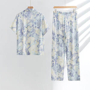 פיג 'מות קל משקל ויסקוזה סאטן רטרו ציור שמן רטרו הדפסה שרוול קצר עליון ומכנסיים ארוכים - Product Image 5