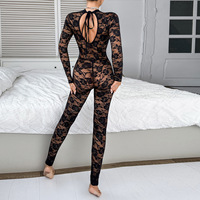 Bodystocking sexy à manches longues en dentelle avec col montant, dos ouvert, motif floral et string séparé – Lingerie sexy pour femme – Vente en gros