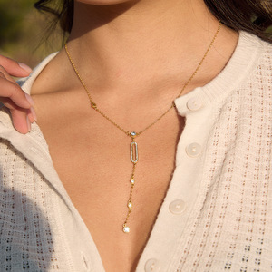 Collier élégant en acier inoxydable avec strass en forme de goutte d'eau, chaîne en Y, bijoux géométriques pour femmes - Product Image 4