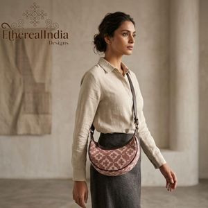 Sac à bandoulière demi-lune en coton imprimé avec garniture en cuir végétalien, sac artisanal bohème, fournisseur en gros, export Inde - Product Image 4