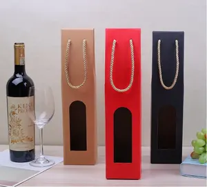 Kraft papier Einzelne Rotwein box Heiß prägung Logo Oliver Öl Champagner Flaschen träger Hand fenster Geschenk box für Wein