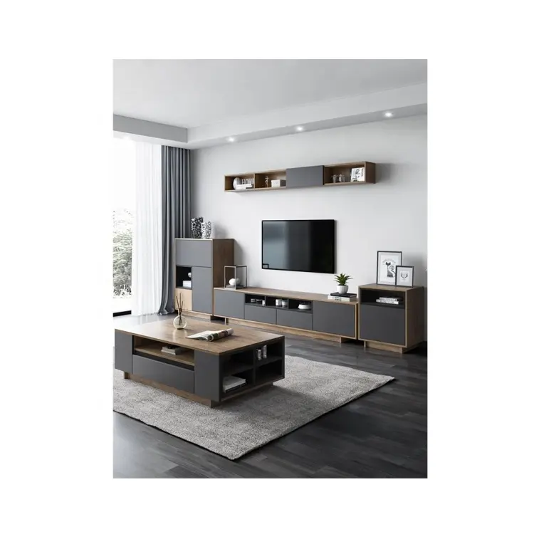 लकड़ी के आधुनिक लिविंग रूम फर्नीचर टीवी यूनिट स्टैंड वर्ग कॉफी टेबल टीवी कैबिनेट सेट