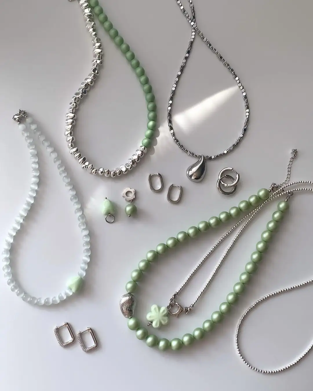 Custom Cat Eye Stone Jewelry For Women Summer Glass Pearl Silver Green Ladies Vintage Pearl Beaded Necklace Earrings Jewelry Set
