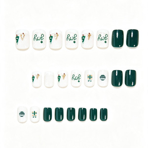 Uñas Postizas Cortas Cuadradas Verde Oliva con Diseño Navideño, Lindas Uñas Postizas con Dibujos Animados de Árbol de Navidad, Brillantes y con Purpurina para Manualidades Navideñas - Product Image 2