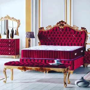 Tela de terciopelo gris oscuro diseño italiano tapizado tela de cama otomana marco de cama Queen con cabecero copetudo y pie de cama para la venta