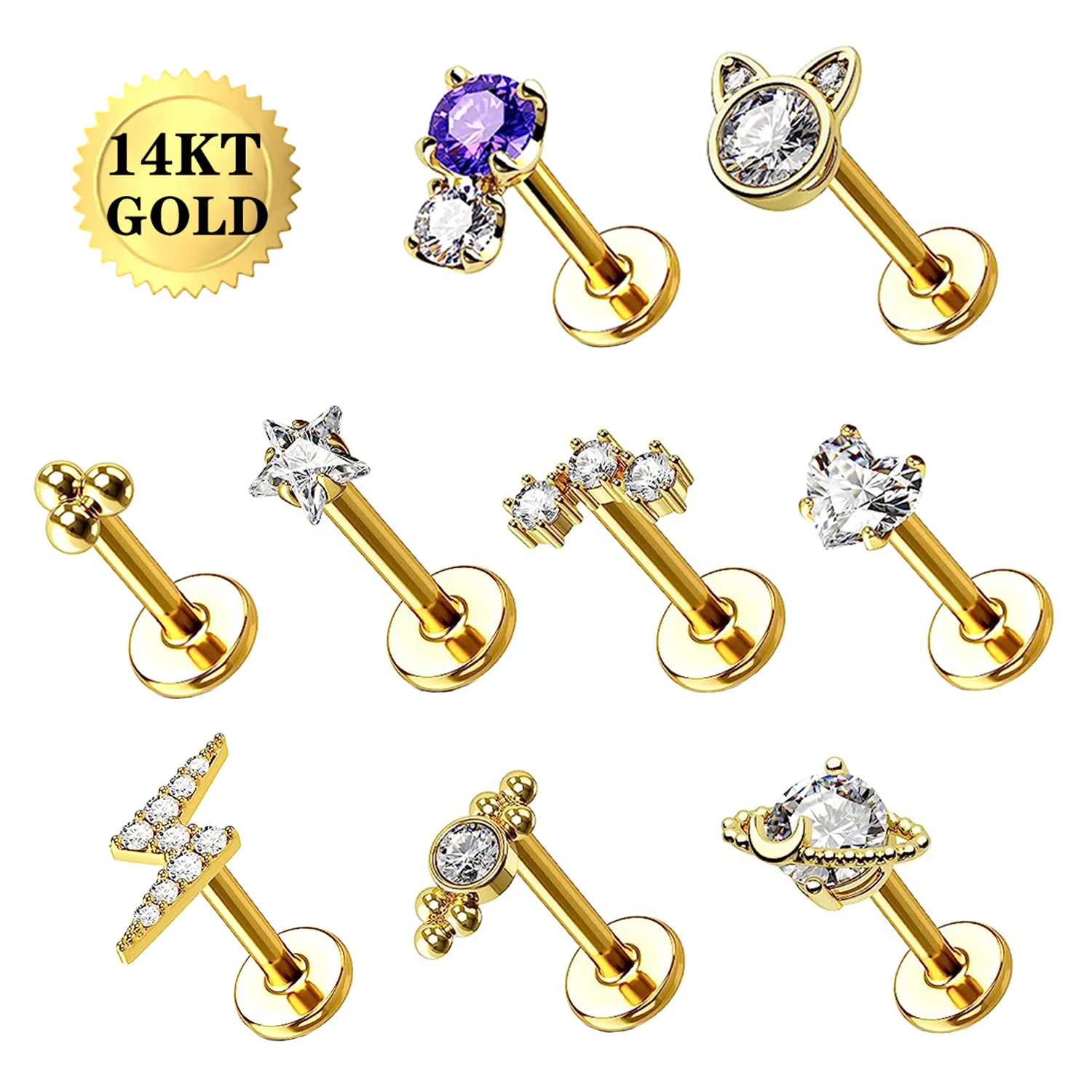 Nuovo Design classico 14K oro massiccio Moissanite borchie Piercing cartilagine orecchini Piercing interno cartilagine Labret gioielli per il corpo