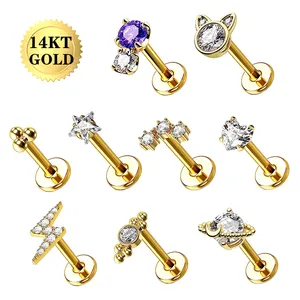 Nouveau Design Classique 14K Or Massif Moissanite Goujons Piercing Cartilage Boucles D'oreilles Interne Piercing Cartilage Labret Bijoux De Corps