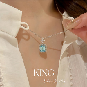King Silver Jewelry Aquamarine <b>Pendant</b> Necklace S925 Sterling Silver <b>Emerald</b> Cut Pave Setting Fashion Gift Jewelry - Product Image 4