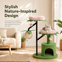 Support d'escalade pour chat moderne vert et rose avec poteaux en métal, panneau E1 et boule en sisal interactive