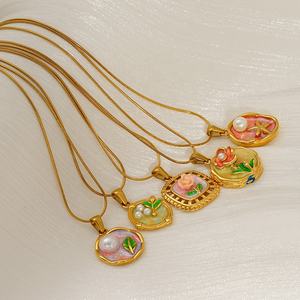 สร้อยคอจี้รูปดอกไม้เคลือบทอง 18k แบบขายส่ง ดีไซน์หยดน้ำมัน 3 มิติ สไตล์วินเทจ ทำจากสแตนเลส รูปดอกทิวลิป - Product Image 1