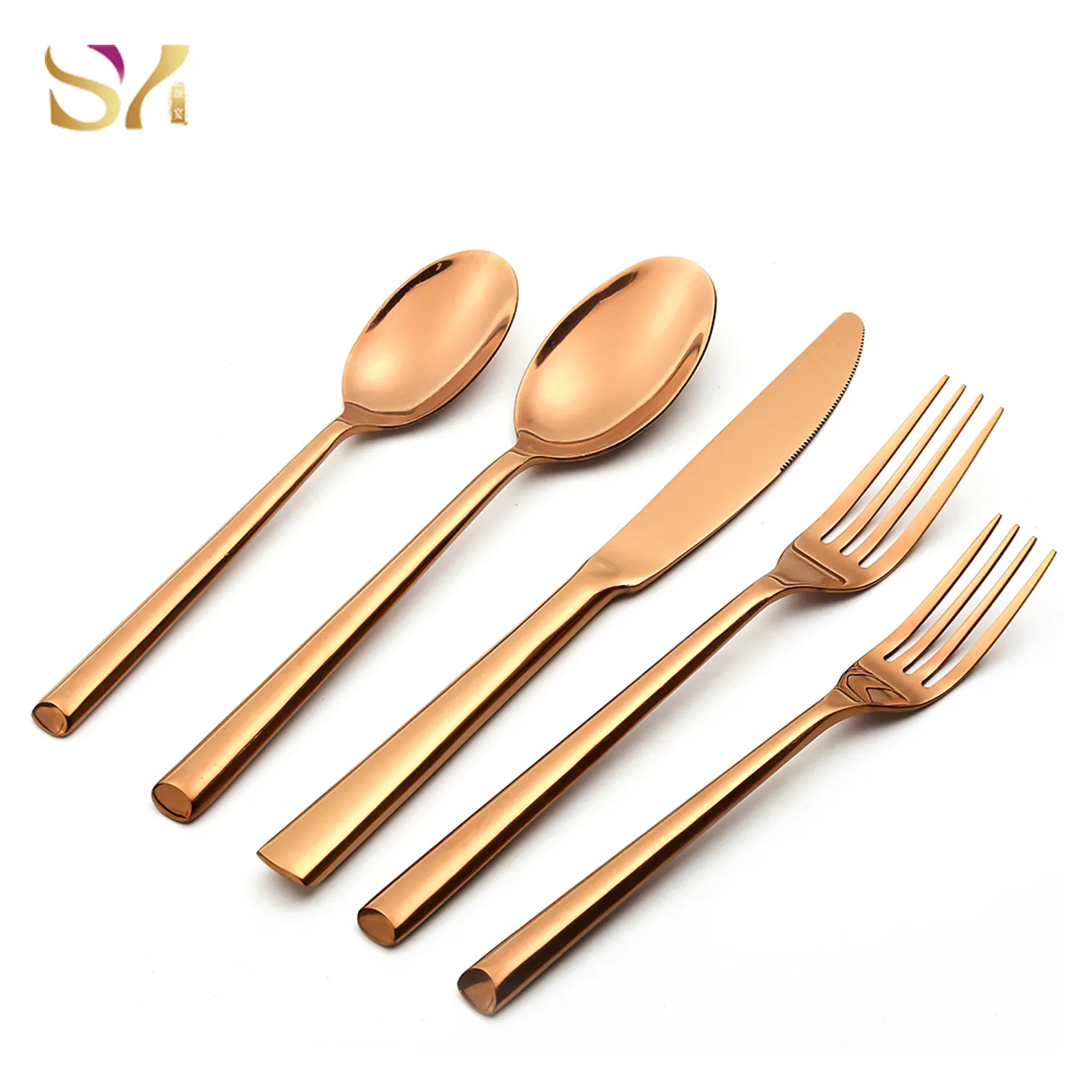Bulk hand forged stainless gold and white handle cutlery flatware set with spoon fork knife for restaurant