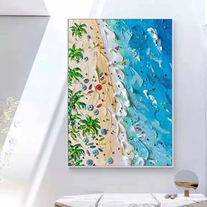 Tableau mural sur toile de peinture à l'huile, thème vacances en bord de mer, décoration intérieure, art sur toile en plâtre, vagues océaniques bleues, art mural de plage - Product Image 1
