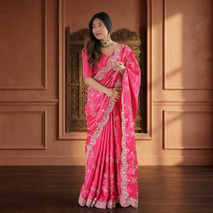 Nouveau sari en soie satinée japonaise de créateur avec broderie de paillettes, prêt à porter - Product Image 1