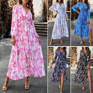 Abiti da ragazza con scollo a v a manica lunga stampati moda autunno abito Swing elegante Chiffon abiti da donna - Product Image 2
