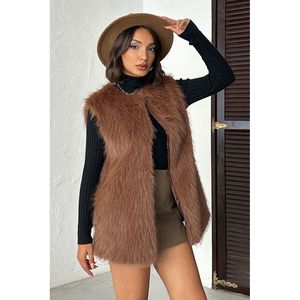 Chaleco de Piel Sintética para Mujer TOPSHOW, Elegante Abrigo sin Mangas Color Borgoña para Otoño e Invierno, Mezcla Suave de Algodón y Poliéster - Product Image 4