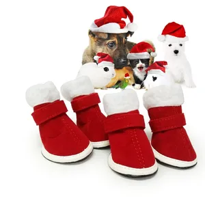 Factory Pet Shop Christmas Pet Dog Shoes Pomeranian Bichon Red Christmas winter warm cotton anti slip pet shoes for Teddy